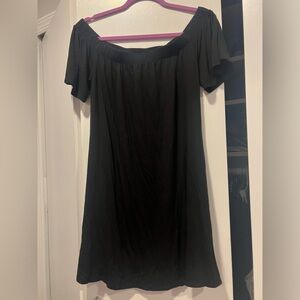 black jersey knit off the shoulder mini dress